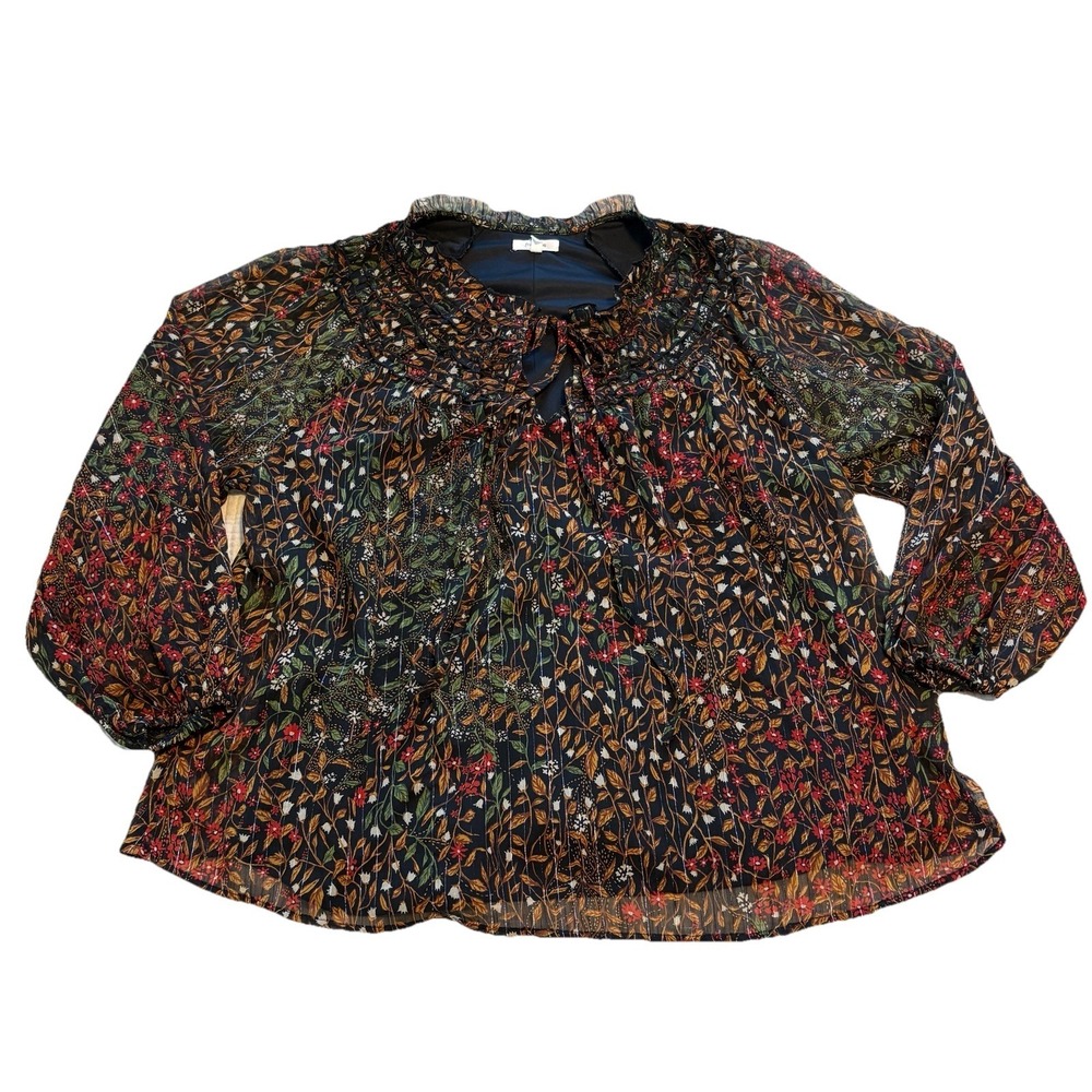 Floral Ruffle Peasant Blouse Women's 0X Black Floral Sheer Garden Fairy Cottage
